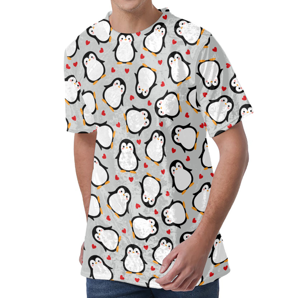 Red Heart And Penguin Pattern Print Men's Velvet T-Shirt