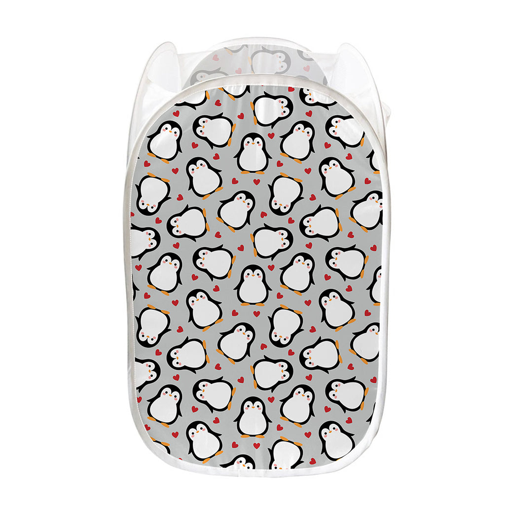 Red Heart And Penguin Pattern Print Mesh Laundry Hamper