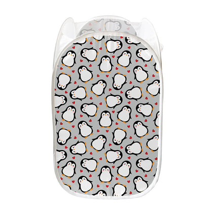 Red Heart And Penguin Pattern Print Mesh Laundry Hamper