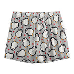 Red Heart And Penguin Pattern Print Mesh Shorts