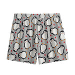Red Heart And Penguin Pattern Print Mesh Shorts