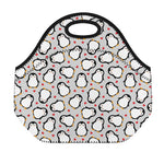 Red Heart And Penguin Pattern Print Neoprene Lunch Bag