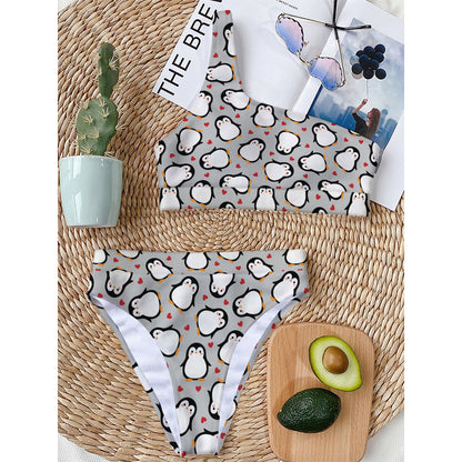 Red Heart And Penguin Pattern Print One Shoulder Bikini Top