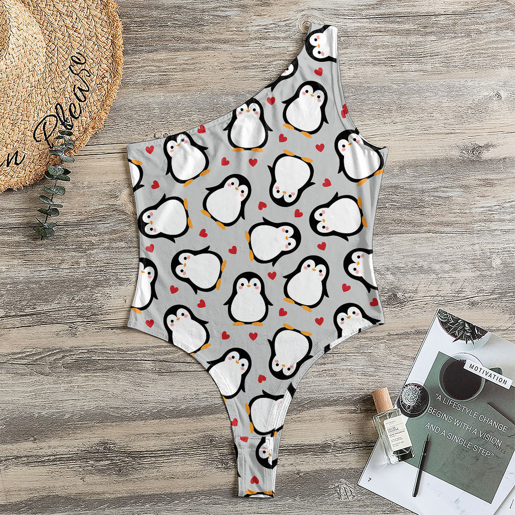 Red Heart And Penguin Pattern Print One Shoulder Bodysuit