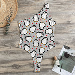 Red Heart And Penguin Pattern Print One Shoulder Bodysuit