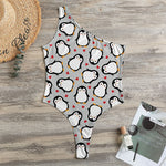 Red Heart And Penguin Pattern Print One Shoulder Bodysuit