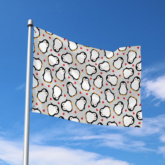 Red Heart And Penguin Pattern Print Polyester Flag