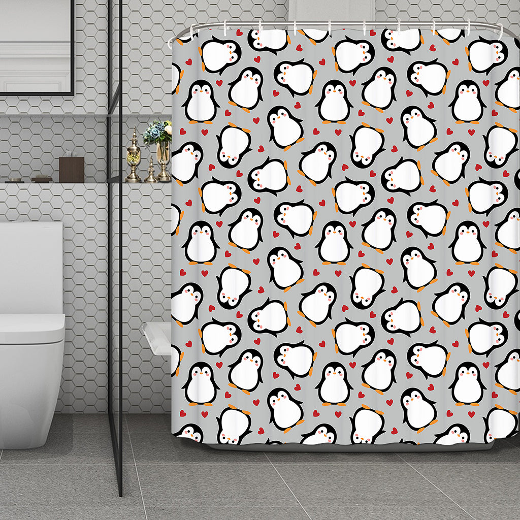 Red Heart And Penguin Pattern Print Polyester Shower Curtain