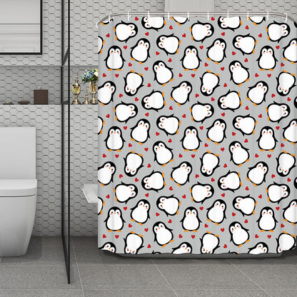 Red Heart And Penguin Pattern Print Polyester Shower Curtain