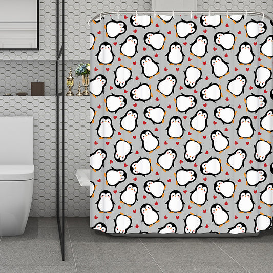 Red Heart And Penguin Pattern Print Polyester Shower Curtain