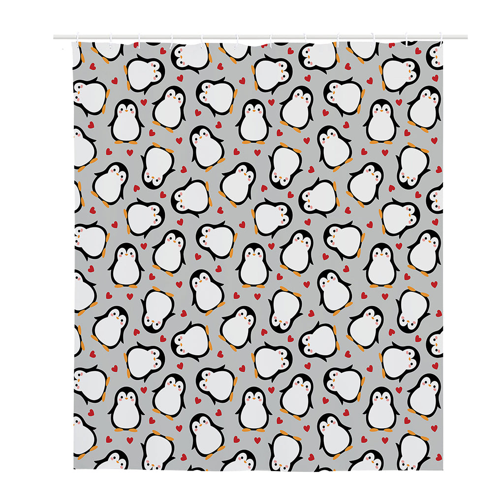 Red Heart And Penguin Pattern Print Polyester Shower Curtain