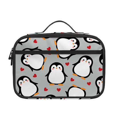 Red Heart And Penguin Pattern Print Portable Lunch Bag