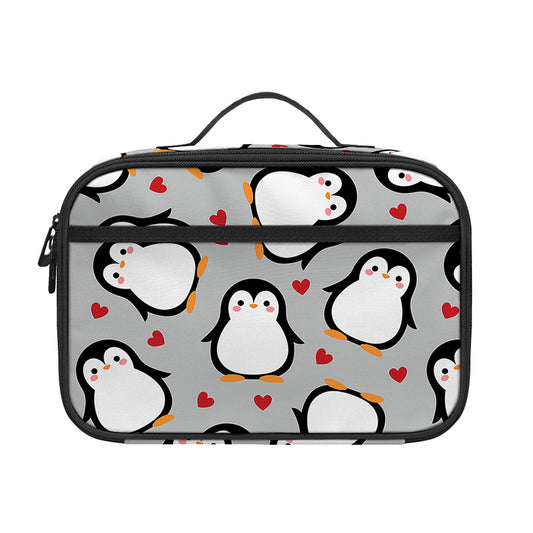 Red Heart And Penguin Pattern Print Portable Lunch Bag