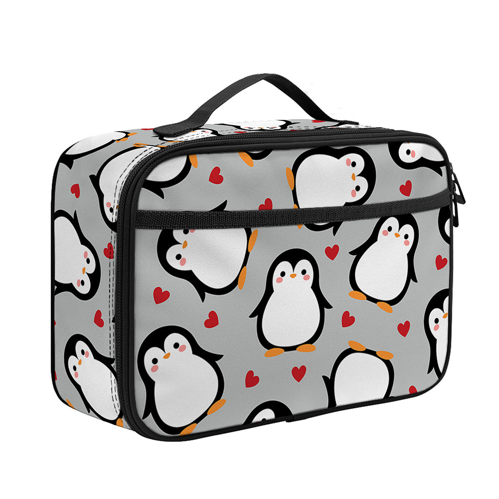 Red Heart And Penguin Pattern Print Portable Lunch Bag