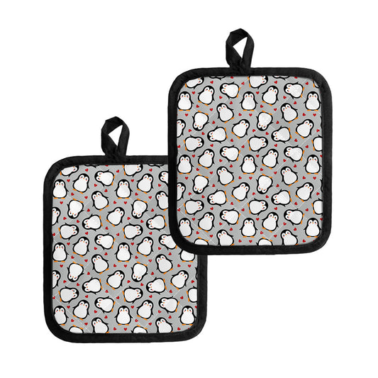 Red Heart And Penguin Pattern Print Pot Holders