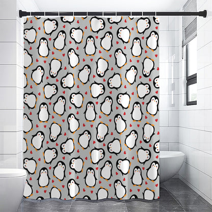 Red Heart And Penguin Pattern Print Premium Shower Curtain