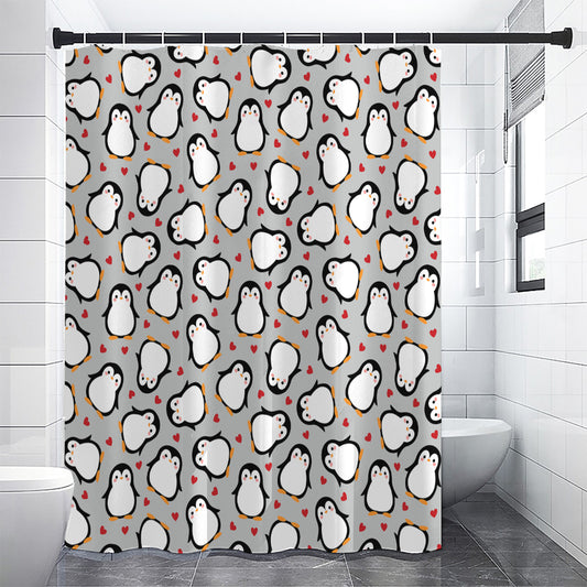 Red Heart And Penguin Pattern Print Premium Shower Curtain