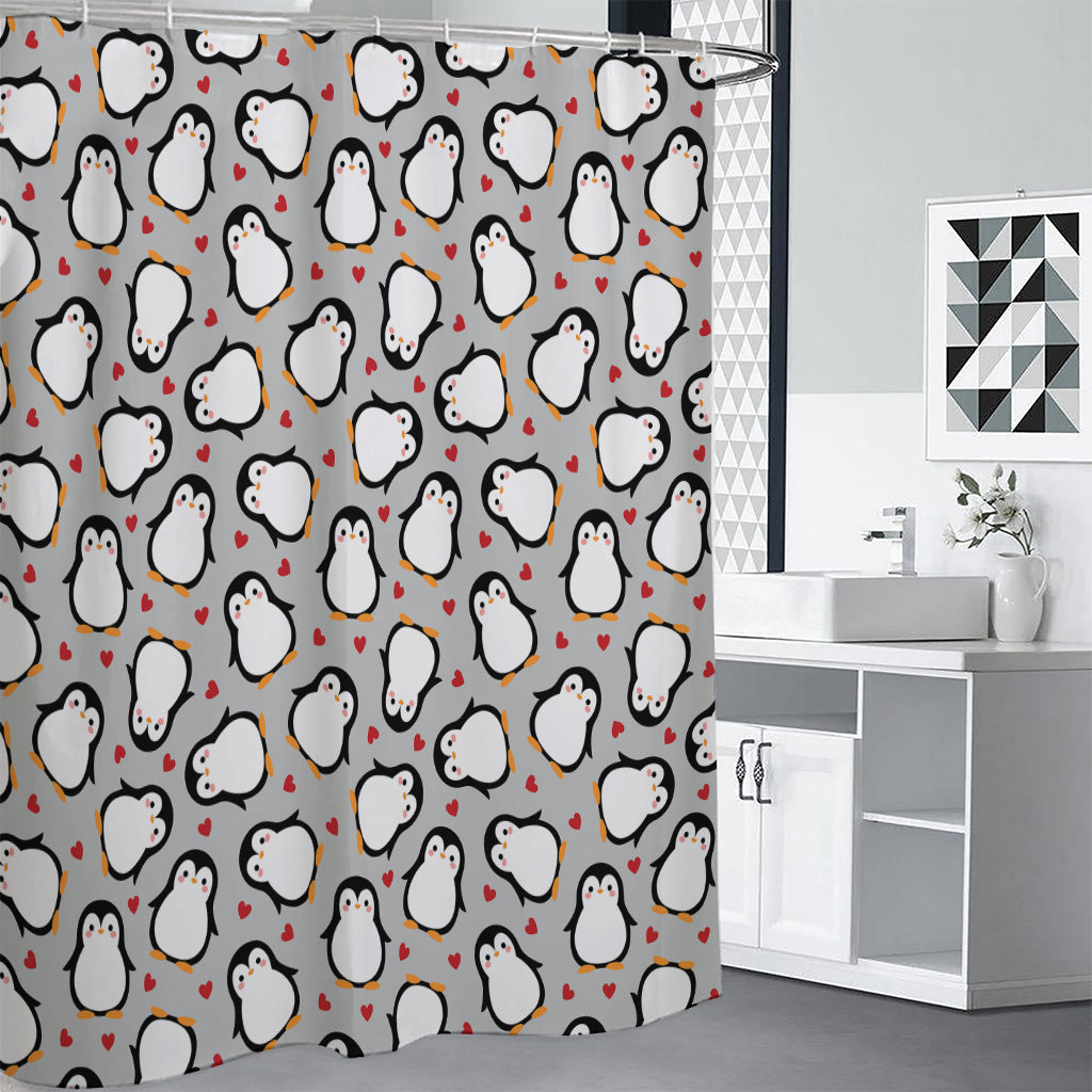 Red Heart And Penguin Pattern Print Premium Shower Curtain