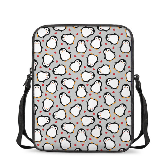 Red Heart And Penguin Pattern Print Rectangular Crossbody Bag