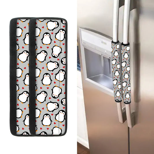 Red Heart And Penguin Pattern Print Refrigerator Handle Covers