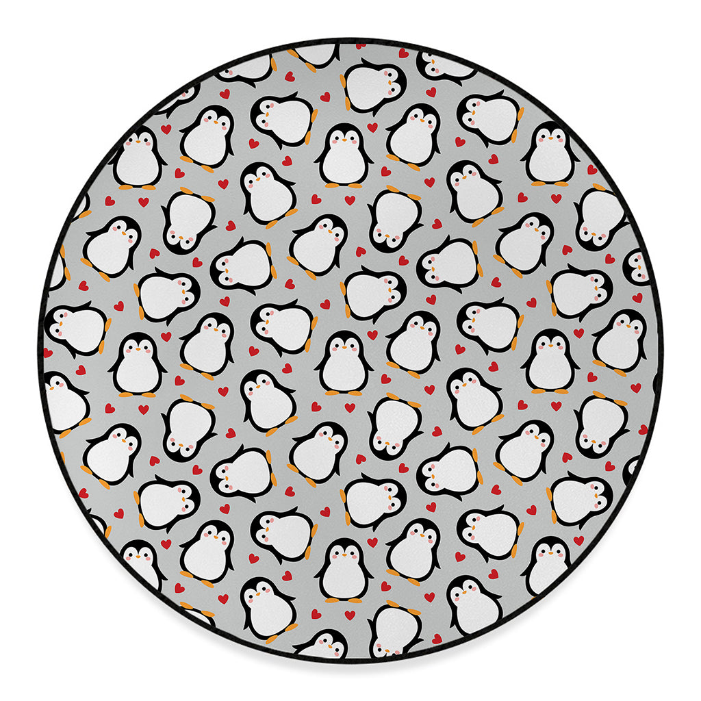Red Heart And Penguin Pattern Print Round Floor Mat