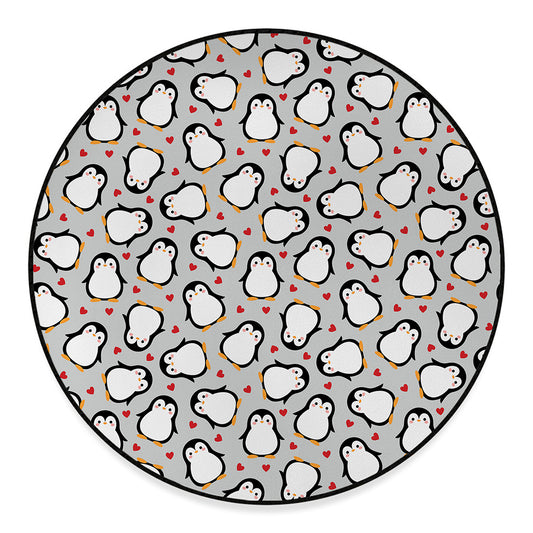 Red Heart And Penguin Pattern Print Round Floor Mat