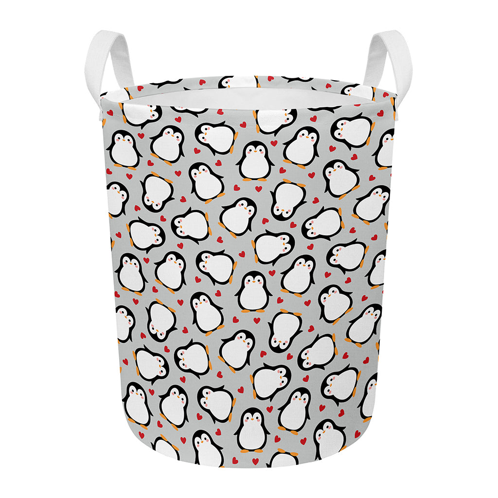 Red Heart And Penguin Pattern Print Round Laundry Basket