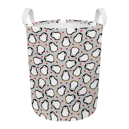 Red Heart And Penguin Pattern Print Round Laundry Basket