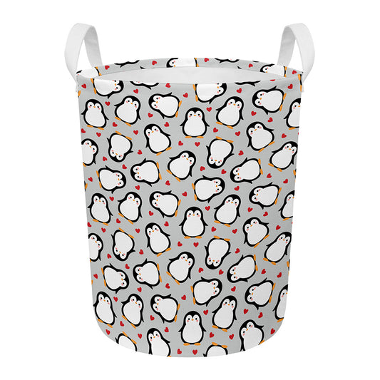 Red Heart And Penguin Pattern Print Round Laundry Basket