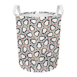 Red Heart And Penguin Pattern Print Round Laundry Basket