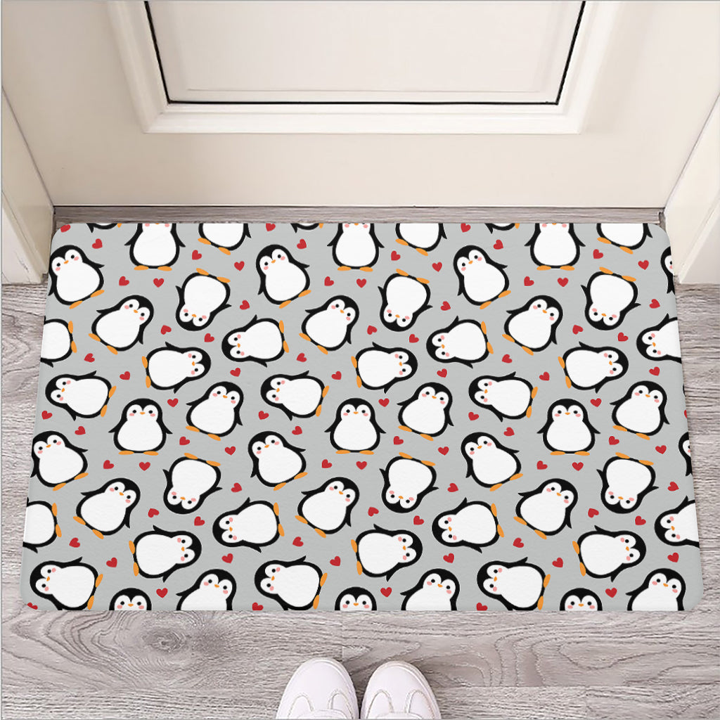 Red Heart And Penguin Pattern Print Rubber Doormat