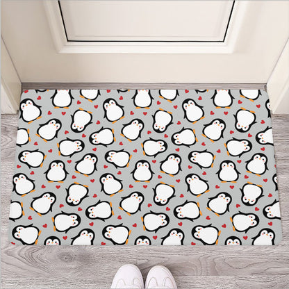 Red Heart And Penguin Pattern Print Rubber Doormat