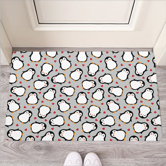 Red Heart And Penguin Pattern Print Rubber Doormat