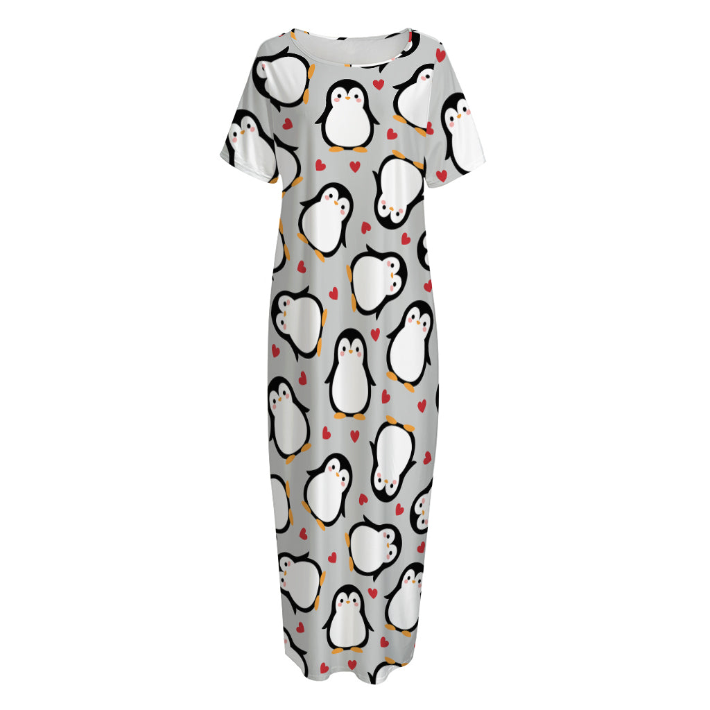 Red Heart And Penguin Pattern Print Short Sleeve Long Nightdress
