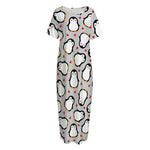 Red Heart And Penguin Pattern Print Short Sleeve Long Nightdress