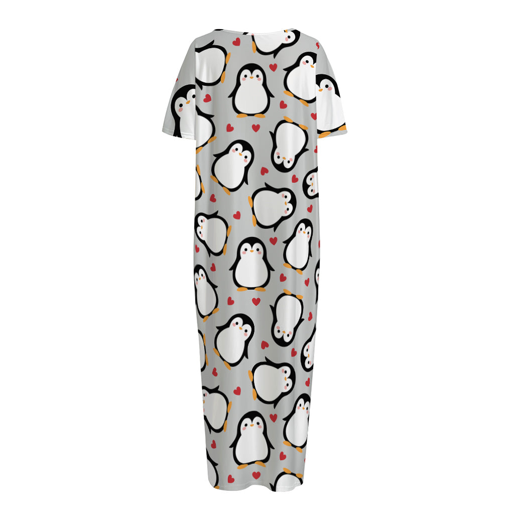 Red Heart And Penguin Pattern Print Short Sleeve Long Nightdress