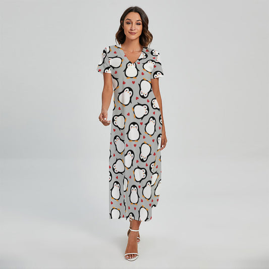 Red Heart And Penguin Pattern Print Short Sleeve Maxi Dress