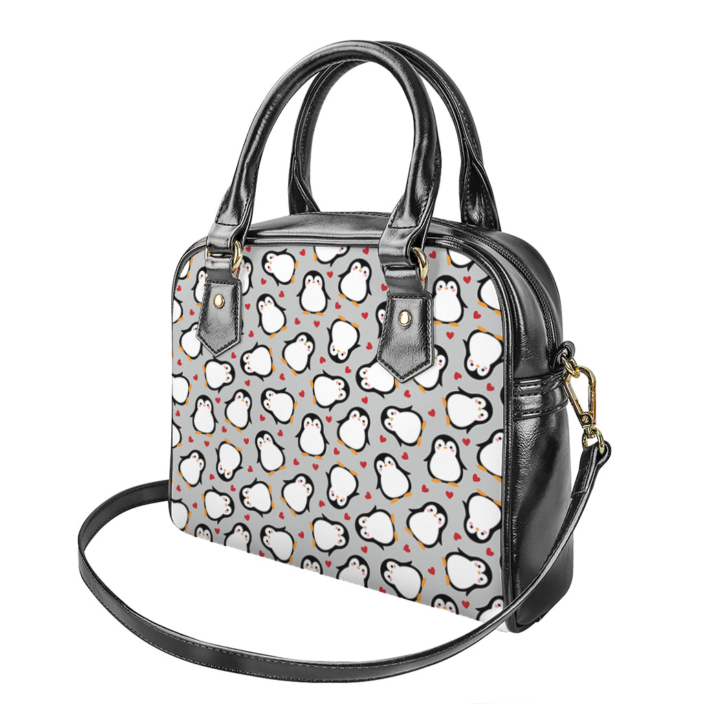 Red Heart And Penguin Pattern Print Shoulder Handbag