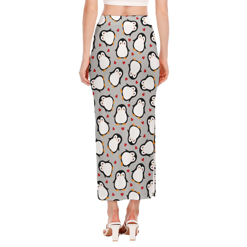 Red Heart And Penguin Pattern Print Side Slit Maxi Skirt