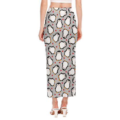 Red Heart And Penguin Pattern Print Side Slit Maxi Skirt