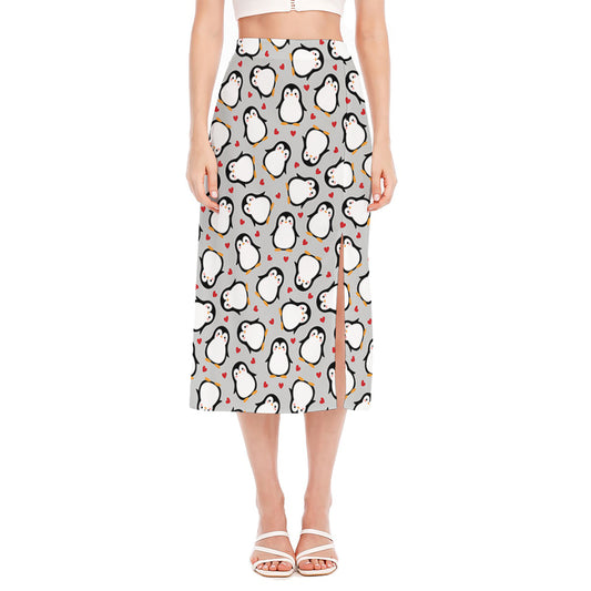 Red Heart And Penguin Pattern Print Side Slit Midi Skirt