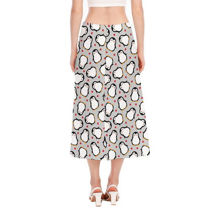 Red Heart And Penguin Pattern Print Side Slit Midi Skirt