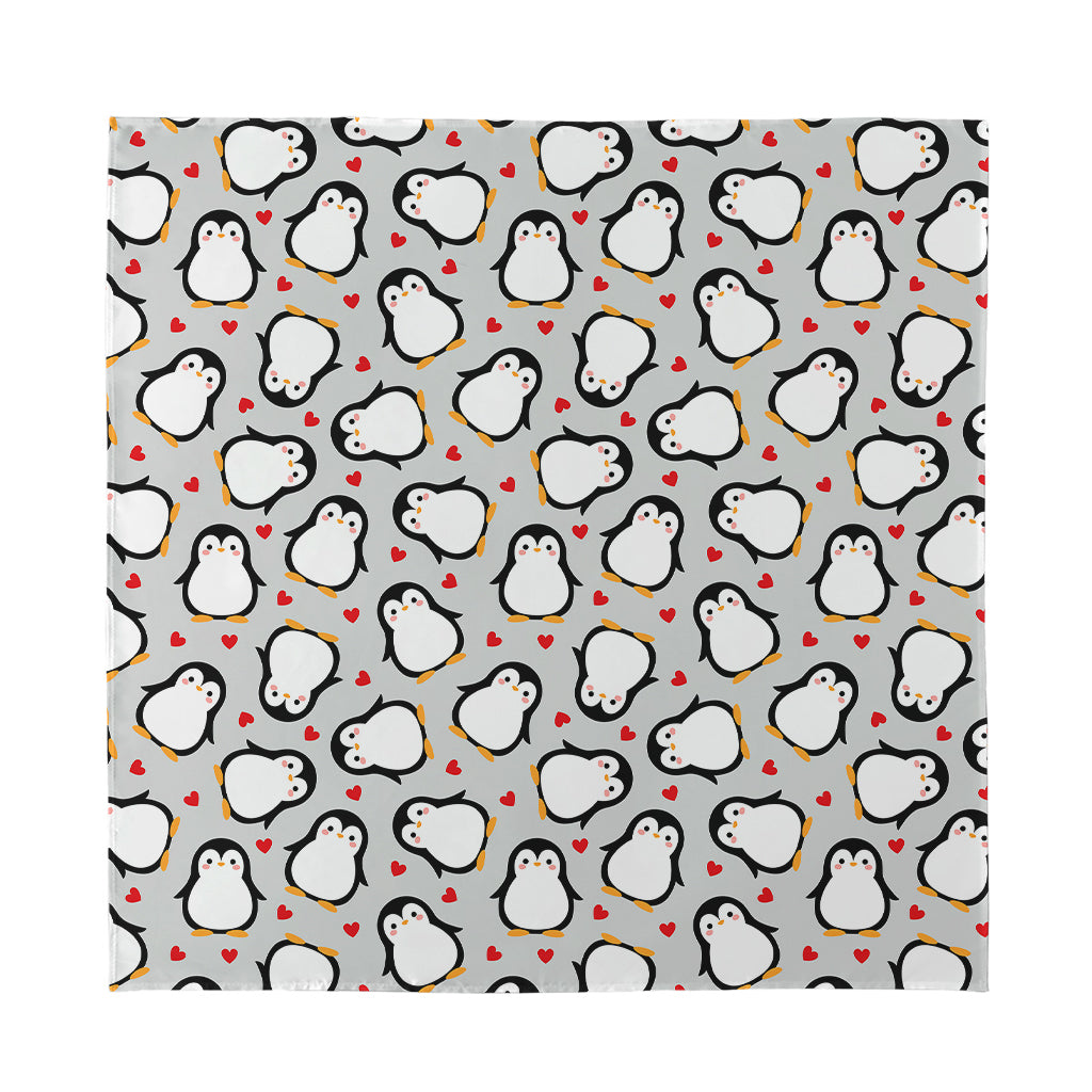 Red Heart And Penguin Pattern Print Silk Bandana