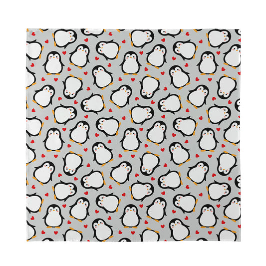 Red Heart And Penguin Pattern Print Silk Bandana