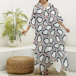 Red Heart And Penguin Pattern Print Silk V-Neck Kaftan Dress