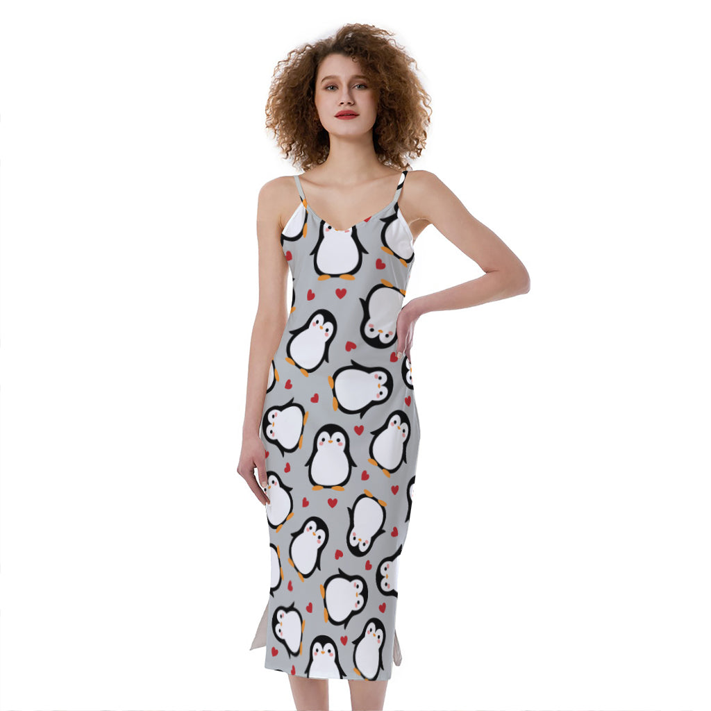 Red Heart And Penguin Pattern Print Slim Fit Midi Cami Dress