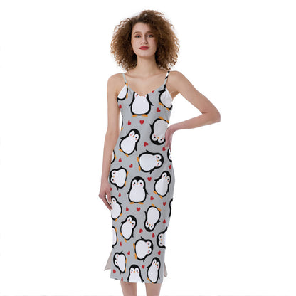 Red Heart And Penguin Pattern Print Slim Fit Midi Cami Dress