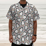 Red Heart And Penguin Pattern Print Textured Short Sleeve Shirt