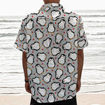Red Heart And Penguin Pattern Print Textured Short Sleeve Shirt