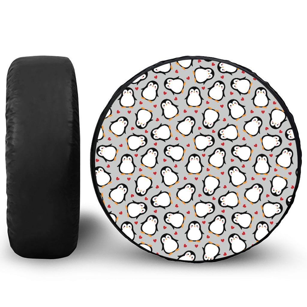 Red Heart And Penguin Pattern Print Tire Cover